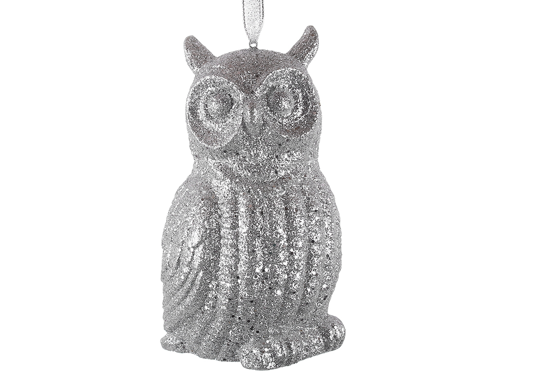 Новорічна фігурка-підвіска Сова 17см, колір-срібло