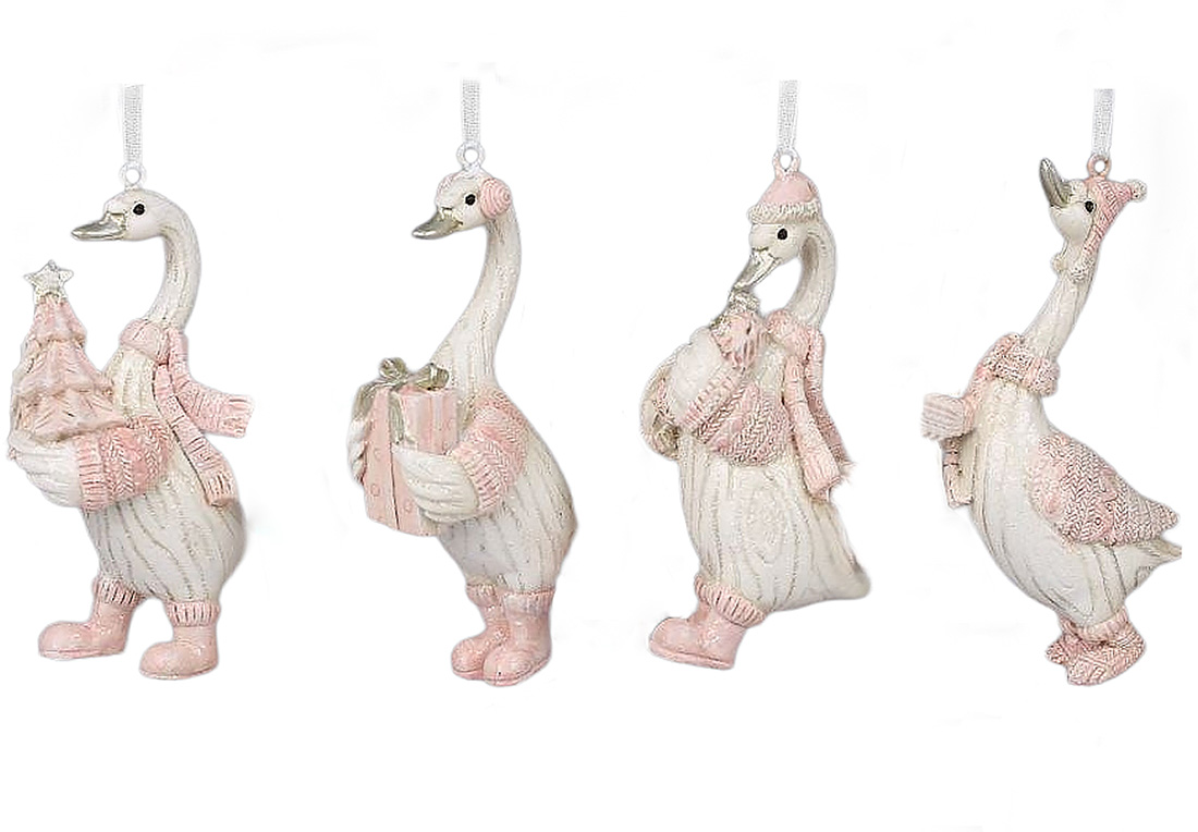 Декоративна підвісна фігурка Гусак Різдвяний, 4 дизайни, 11.5см, колір - персиково-рожевий