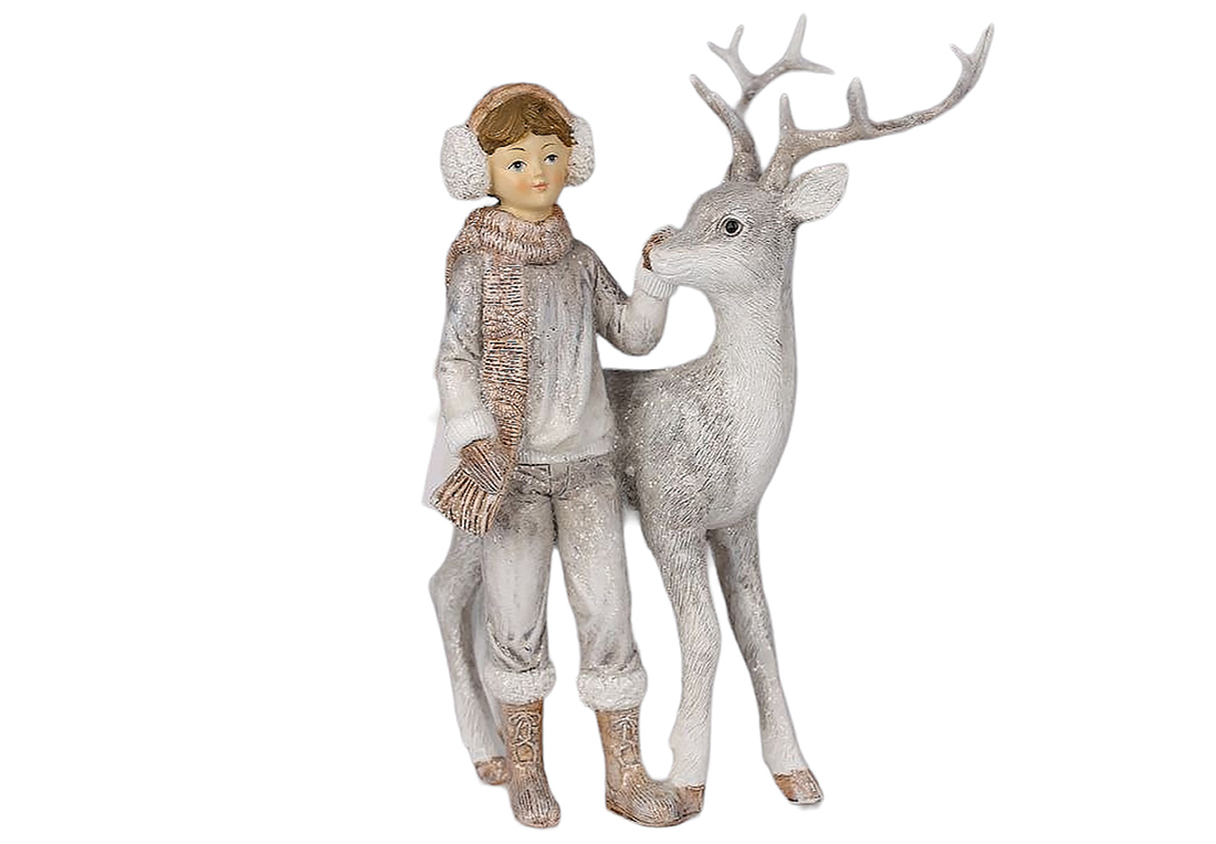 Декоративна статуетка Хлопчик з оленем 17.5х12х21см, колір - бежево-сірий