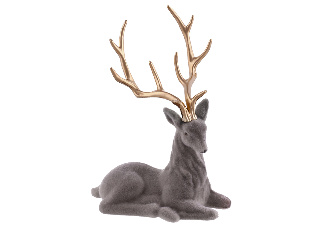 Новорічна декоративна фігура Олень 20*15см, колір - сірий флок із золотими рогами