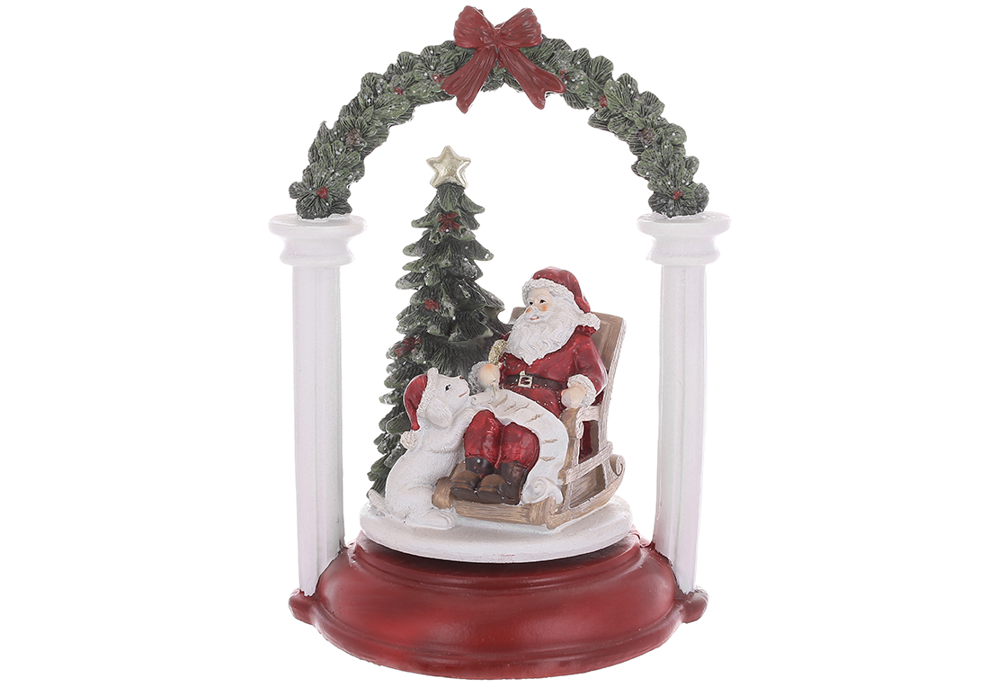 Новорічний декор з музичним супроводом (пісня Jingle Bell) Санта Клаус у кріслі з ялинкою та собачкою, 24см