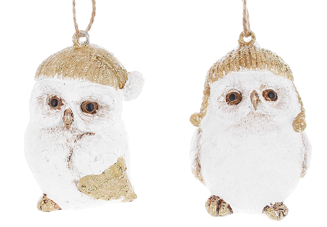 Декоративна фігурка Совушка 7см на підвісі, 2 дизайни, колір - білий із золотом