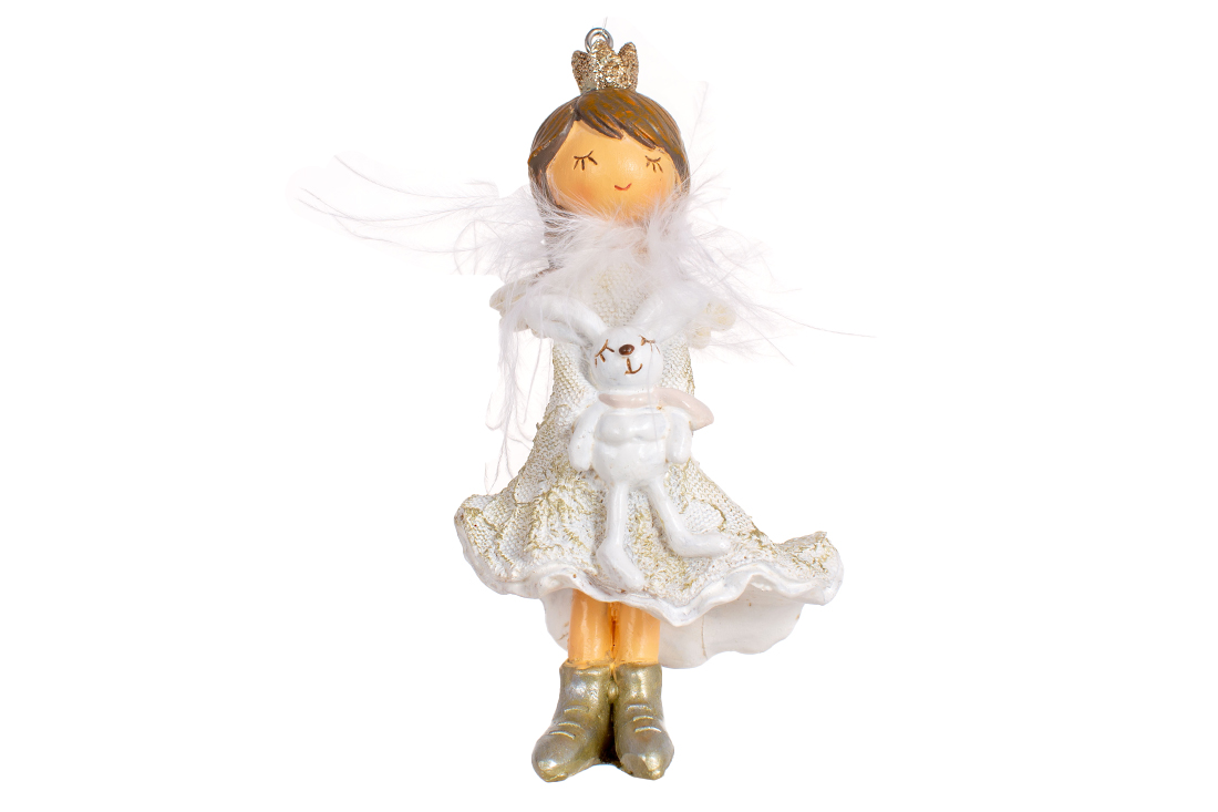 Декоративна підвісна фігурка Принцеса із зайчиком, 12см, колір - білий із золотом