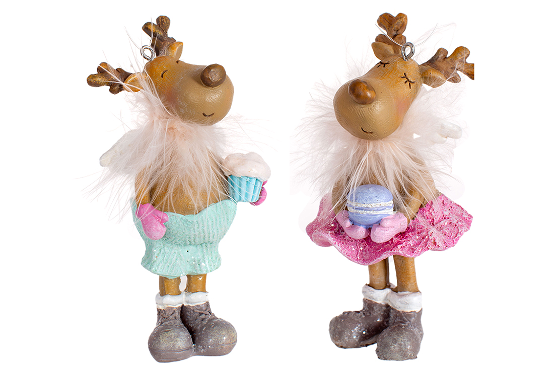 Декор підвісний Олень 2 дизайну, дівчинка та хлопчик з тістечками, 10.5см