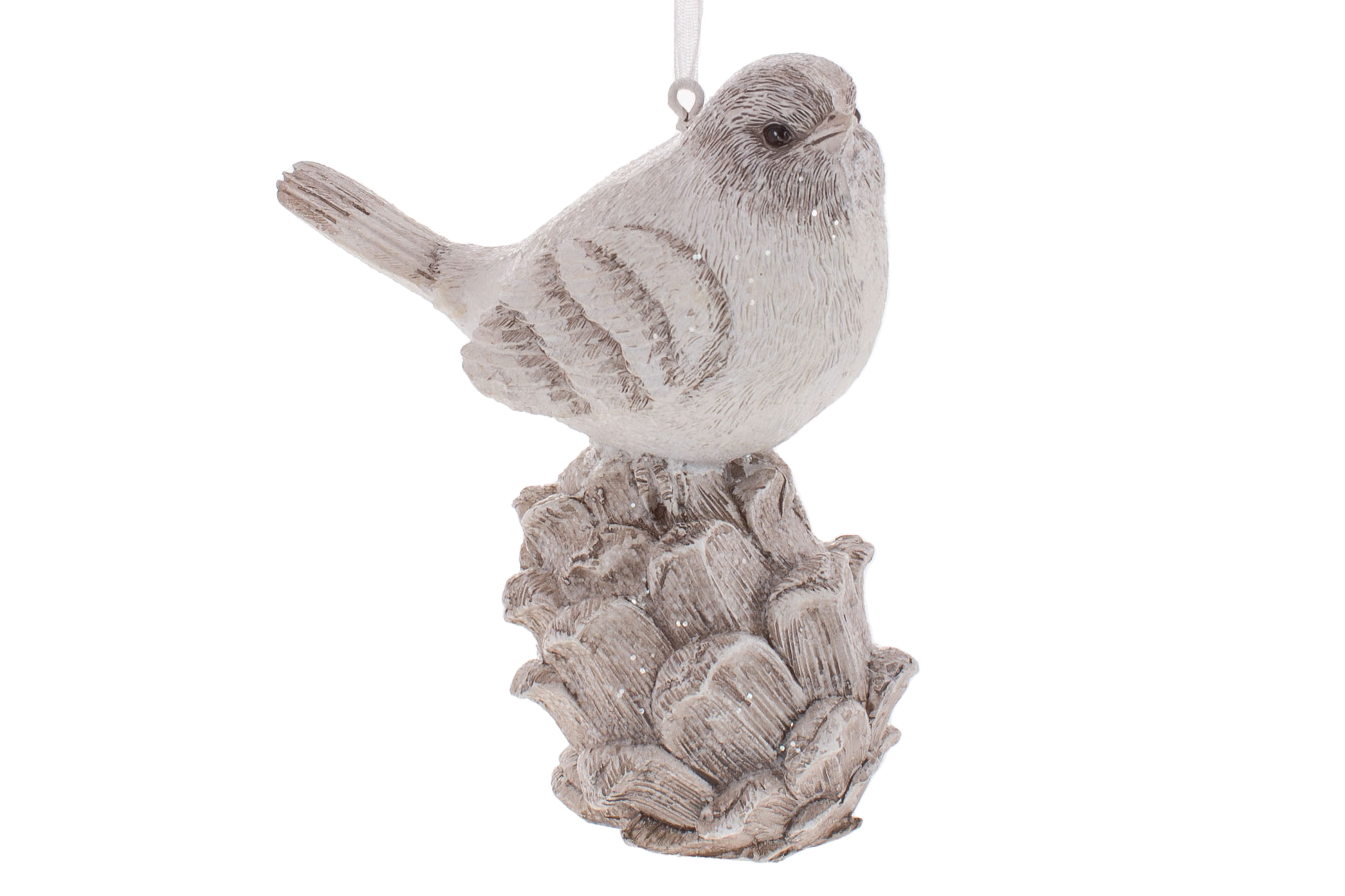 Декоративна підвісна фігурка Пташка на шишці, 10,5см, колір вінтажний білий
