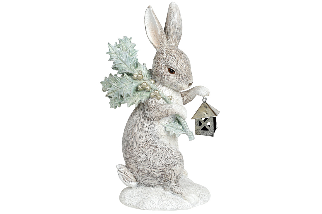 Декоративна статуетка Заєць з подарунками, 19.5см, колір - сірий з м'ятним