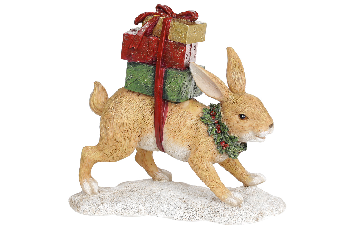 Декоративна статуетка Заєць з подарунками, 19.5см, колір - світло-коричневий