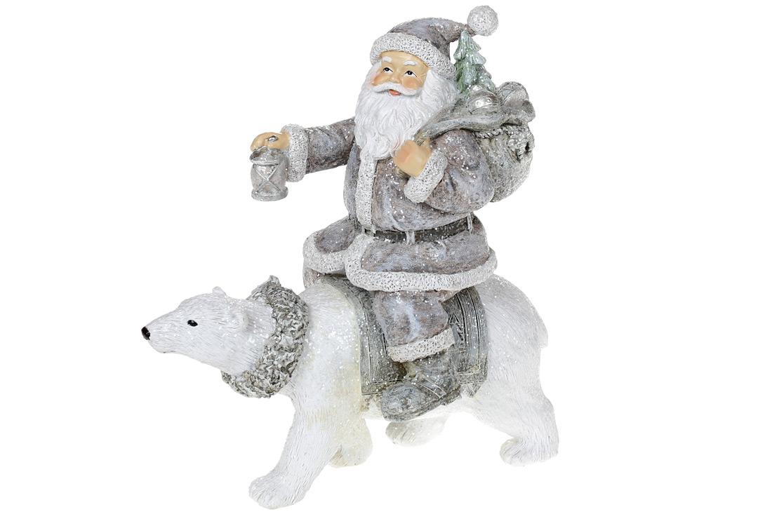 Декоративна статуетка Санта верхи на ведмеді, 17.5см, колір - сірий з білим