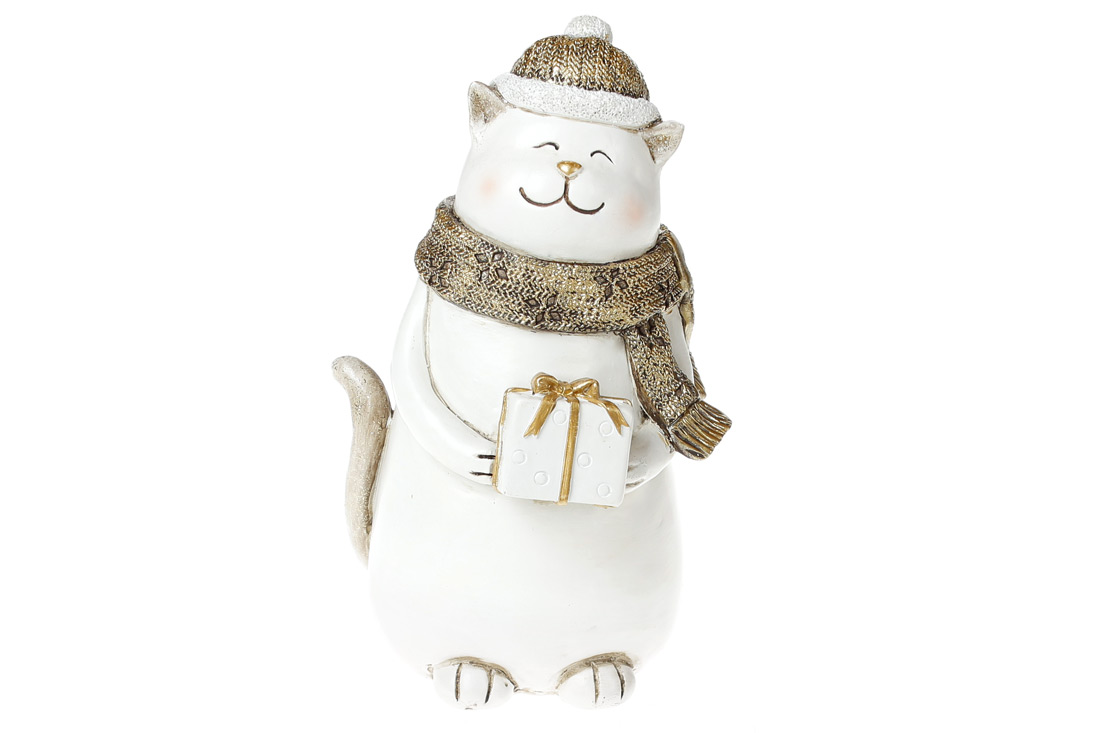 Декоративна статуетка Котик із подарунком, 22см, колір - білий із золотом