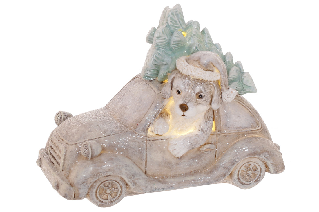 Декоративна статуетка з LED підсвічуванням Цуценя везе ялинку, 14.5см, колір - м'ятний з рожевим