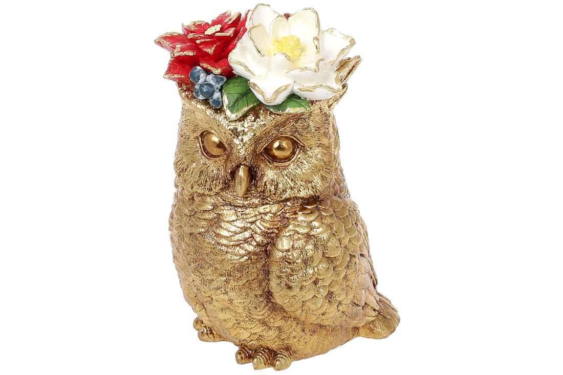 Декоративна статуетка Сова з квітами 18 см, колір - золото