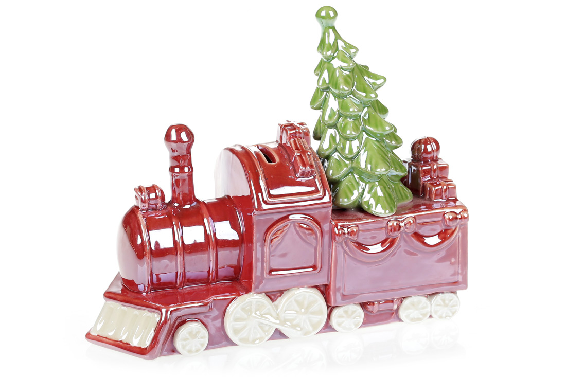 Декоративна керамічна статуетка-скарбничка Паровоз, 20см, колір - червоний перламутр