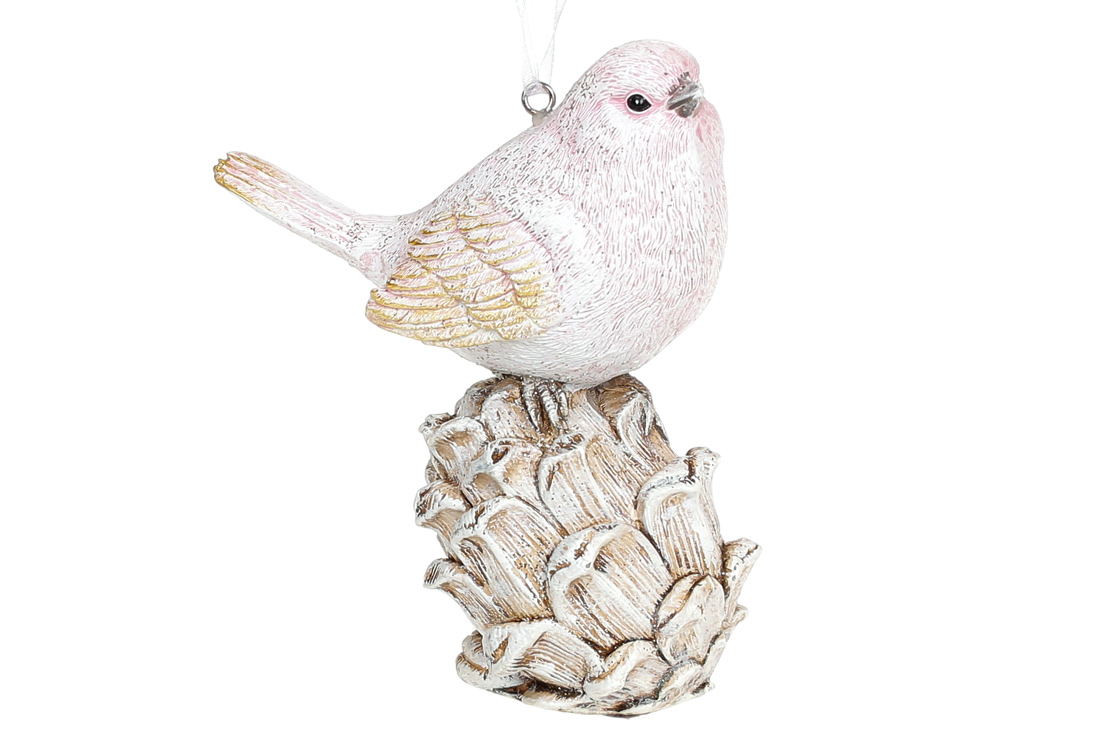 Декоративна підвісна фігурка Пташка на шишці, 12.5см, колір - бежево-рожевий