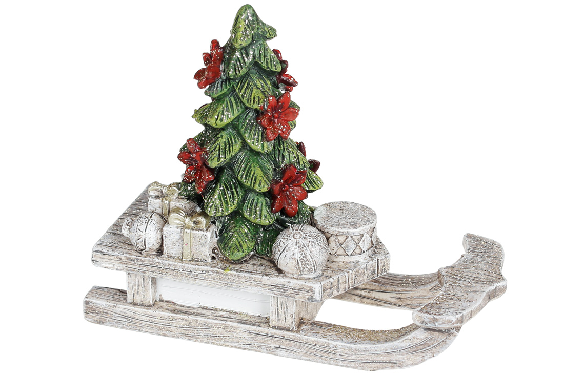 Декоративна фігурка Сани з ялинкою, 12.5см, колір - беж із зеленим та червоним