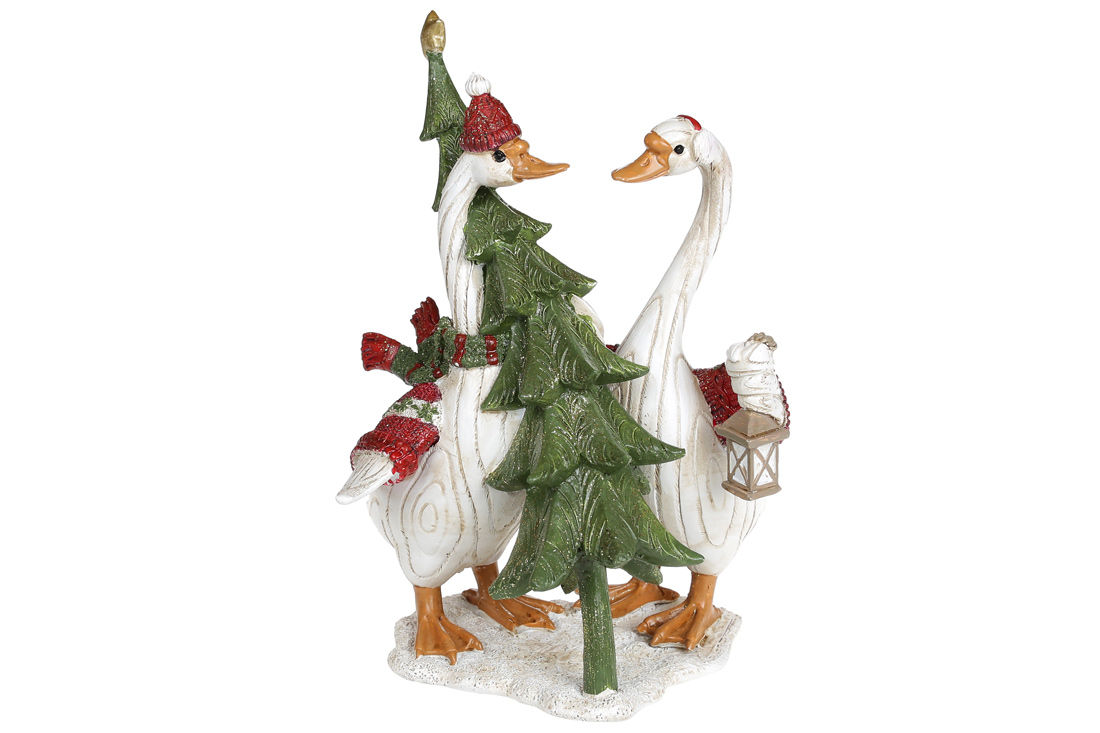 Декоративна статуетка Гуси з ялинкою, 20см, колір - білий з червоним та зеленим