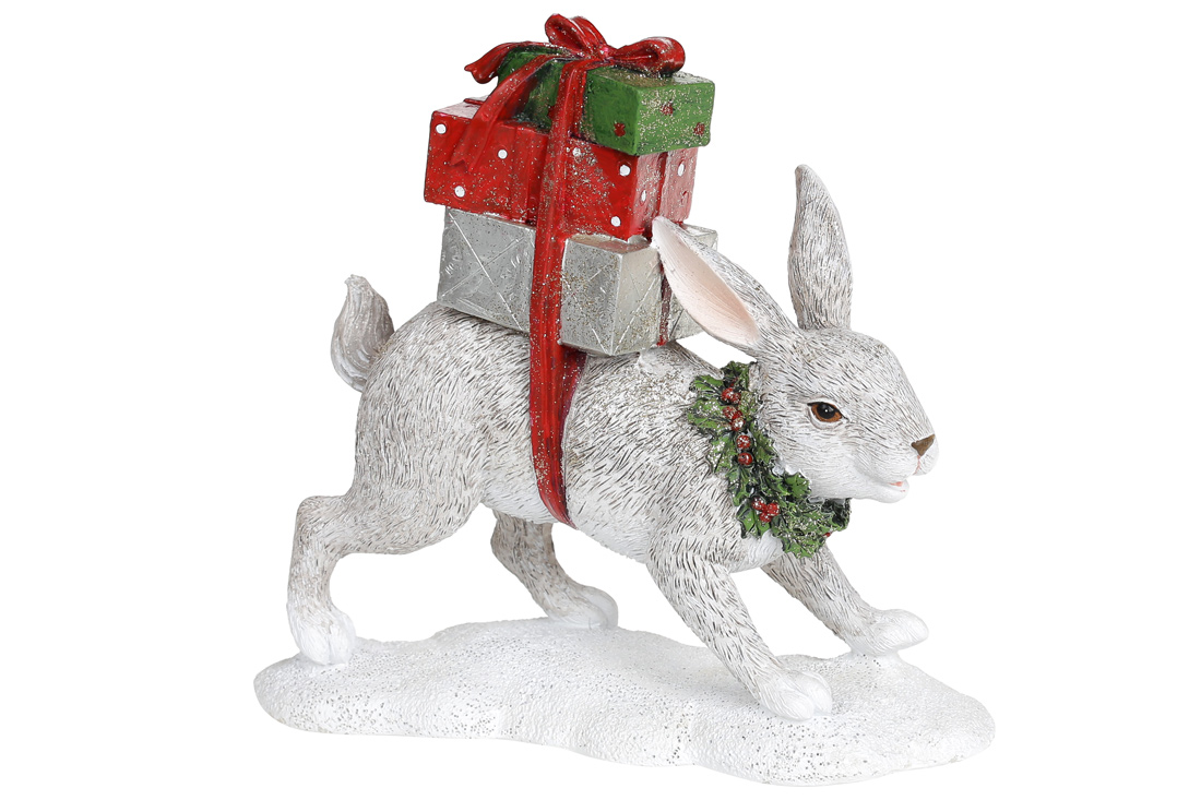 Декоративна статуетка Заєць з подарунками, 19.5см, колір - білий вінтажний з червоним