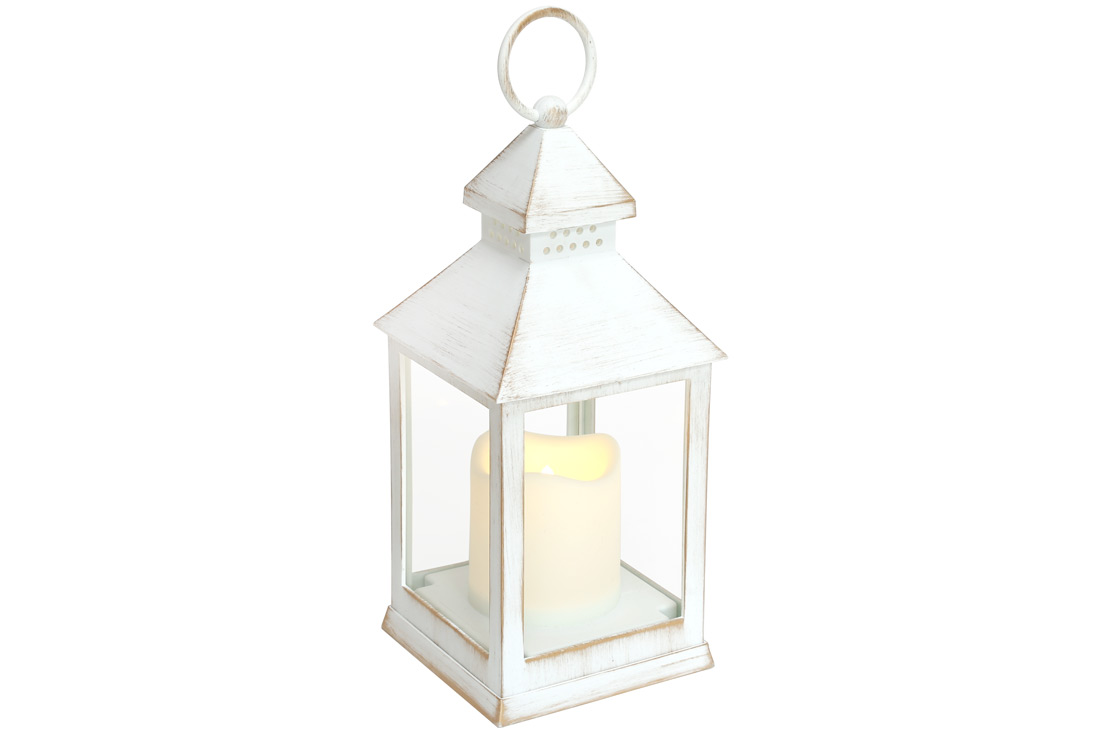 Декоративний ліхтар зі свічкою з LED підсвічуванням (тепле біле світло) на батарейках (3хААА - не входять до комплекту), 10.5*28см, колір - білий із з