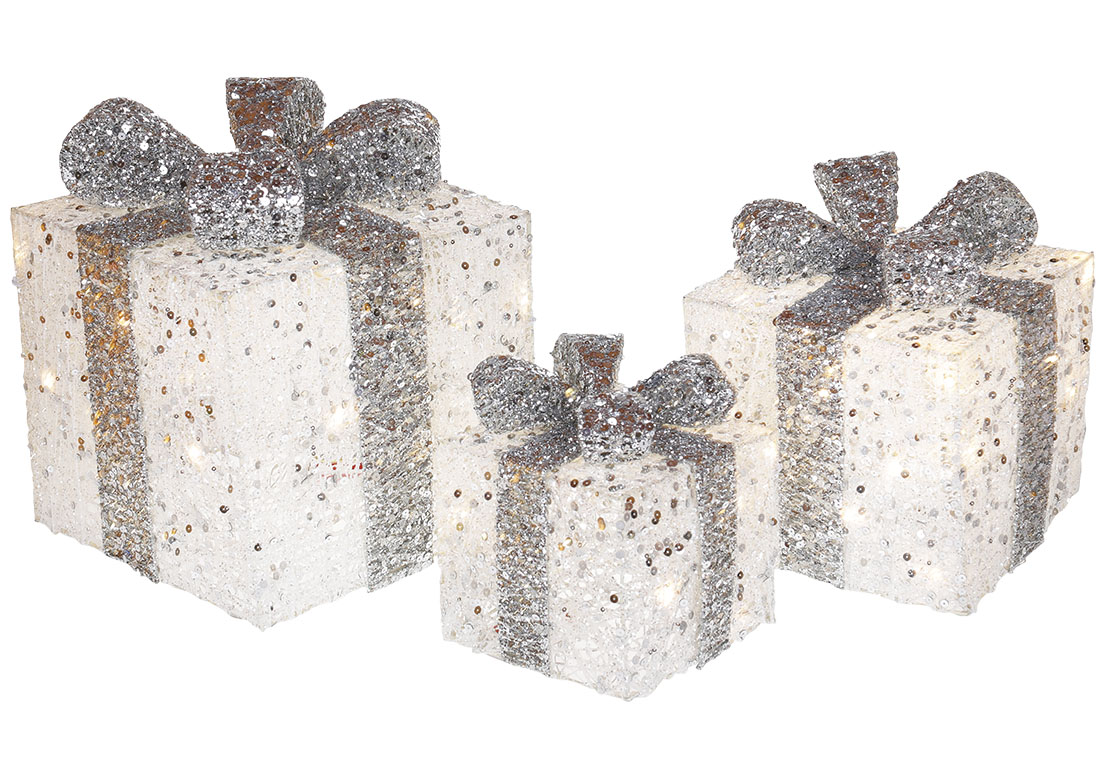 Набір декоративних подарунків (3шт) з підсвічуванням, 15см, 20см, 25см, колір - білий зі сріблом