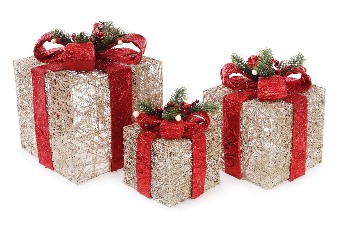 Набір декоративних подарунків (3шт) з підсвічуванням, 15см, 20см, 25см, колір - шампань із червоним