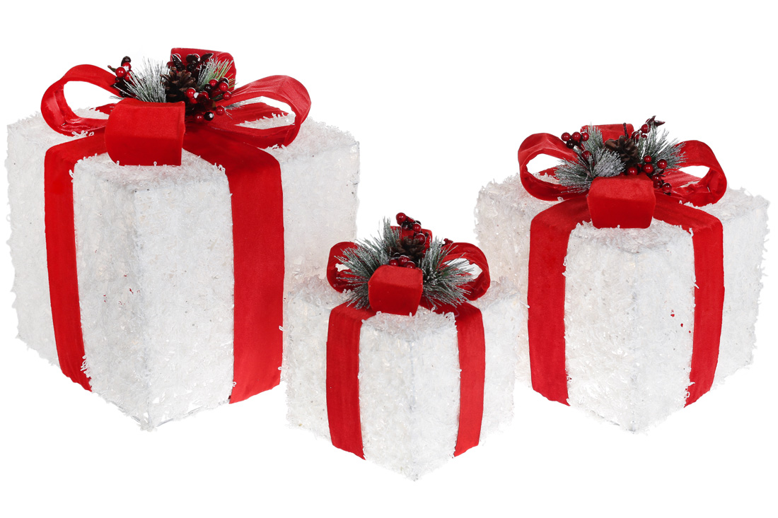 Набір декоративних подарунків (3шт) з підсвічуванням, 15см, 20см, 25см, колір - білий з червоним оксамитовим бантом