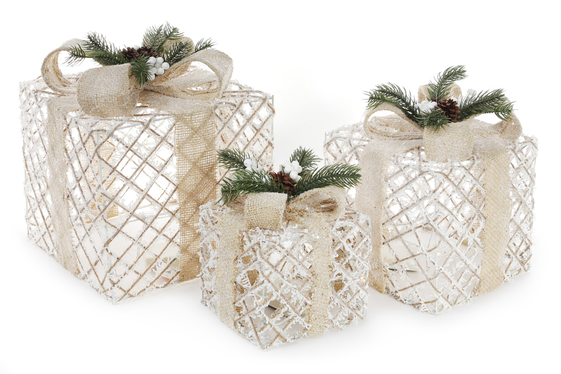 Набір декоративних подарунків (3шт) з підсвічуванням, 15см, 20см, 25см, колір - білий з бежевим