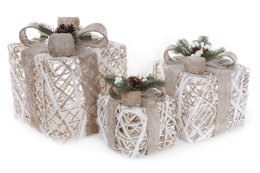 Набір декоративних подарунків (3шт) з підсвічуванням, 15см, 20см, 25см, колір - білий з бежевим