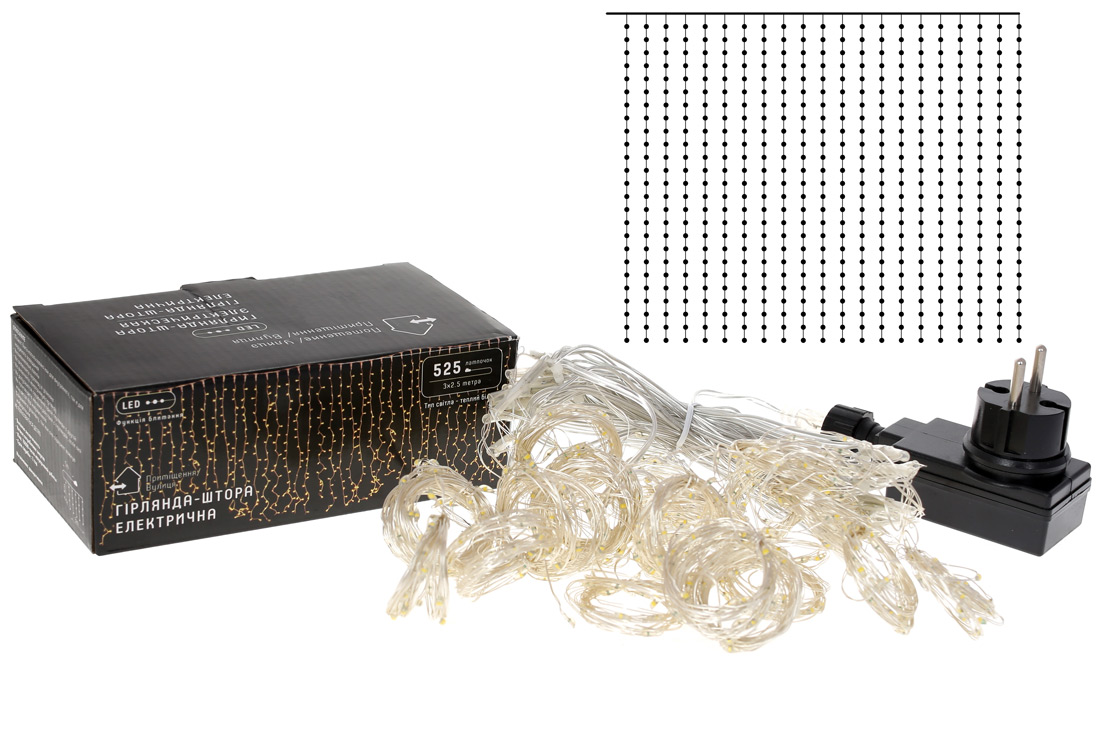 Гірлянда-завіса, 525 міні-LED: ширина - 3м, 21 лінія по 2,5 метра, 25 діодів/нитка, колір - теплий білий, з функцією миготіння.