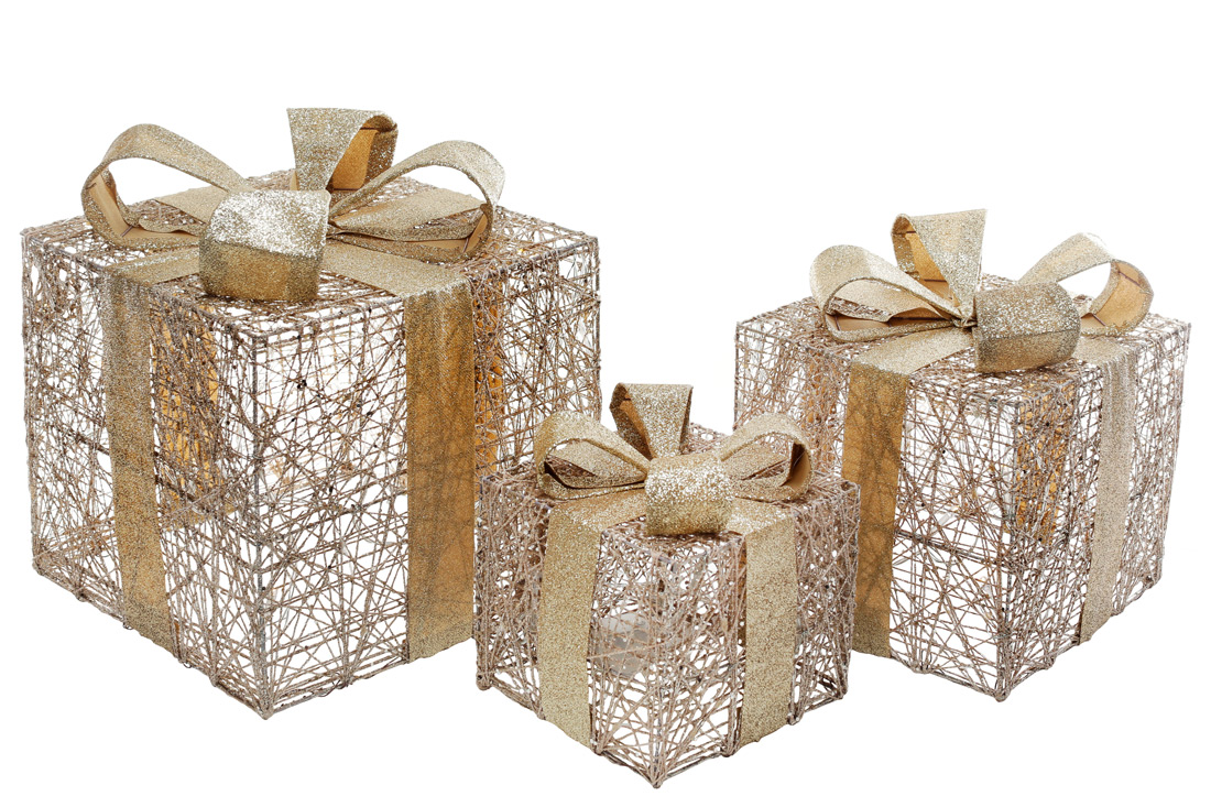 Набір декоративних подарунків (3шт) з підсвічуванням, 15см, 20см, 25см, колір - шампань із золотом