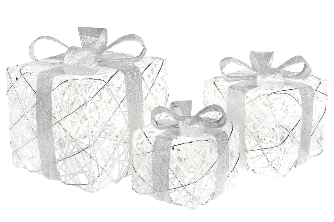 Набір декоративних подарунків (3шт) з підсвічуванням, 15см, 20см, 25см, колір - білий зі сріблом