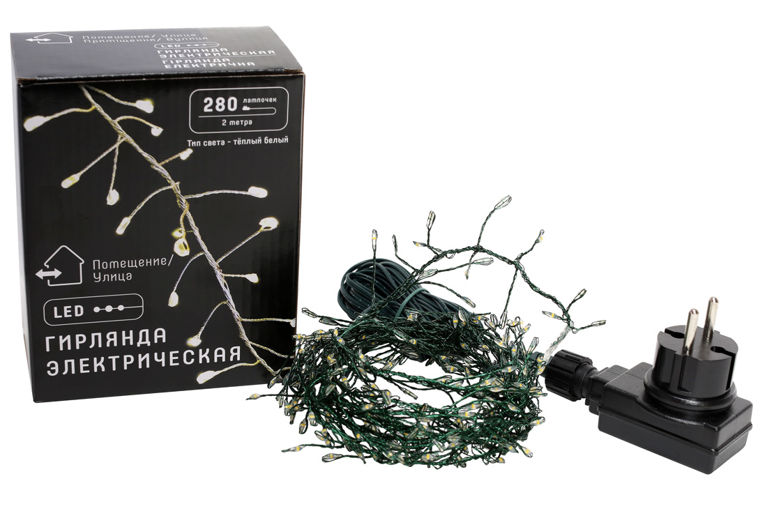 Гірлянда-кластер 280 міні-LED, 1 лінія, 2 метри, колір лампочок - теплий білий, колір дроту - зелений, постійне свічення