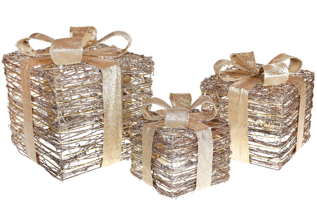 Набір декоративних подарунків (3шт) з підсвічуванням, 15см, 20см, 25см, колір - старовинне золото