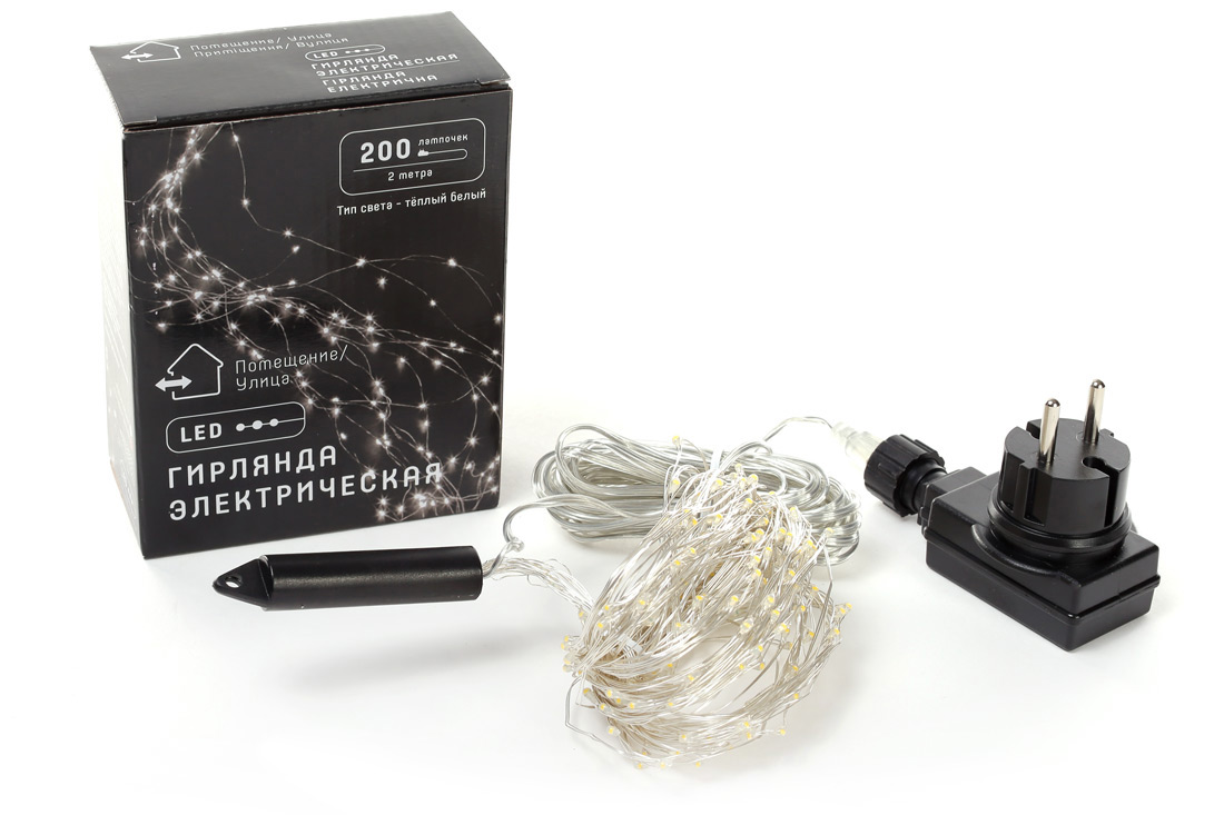 Гірлянда-пучок 200 міні-LED: 10 ліній по 2 метри, 20 діодів/ нитка, колір - теплий білий, з функцією миготіння (кожна 3-я лампа)