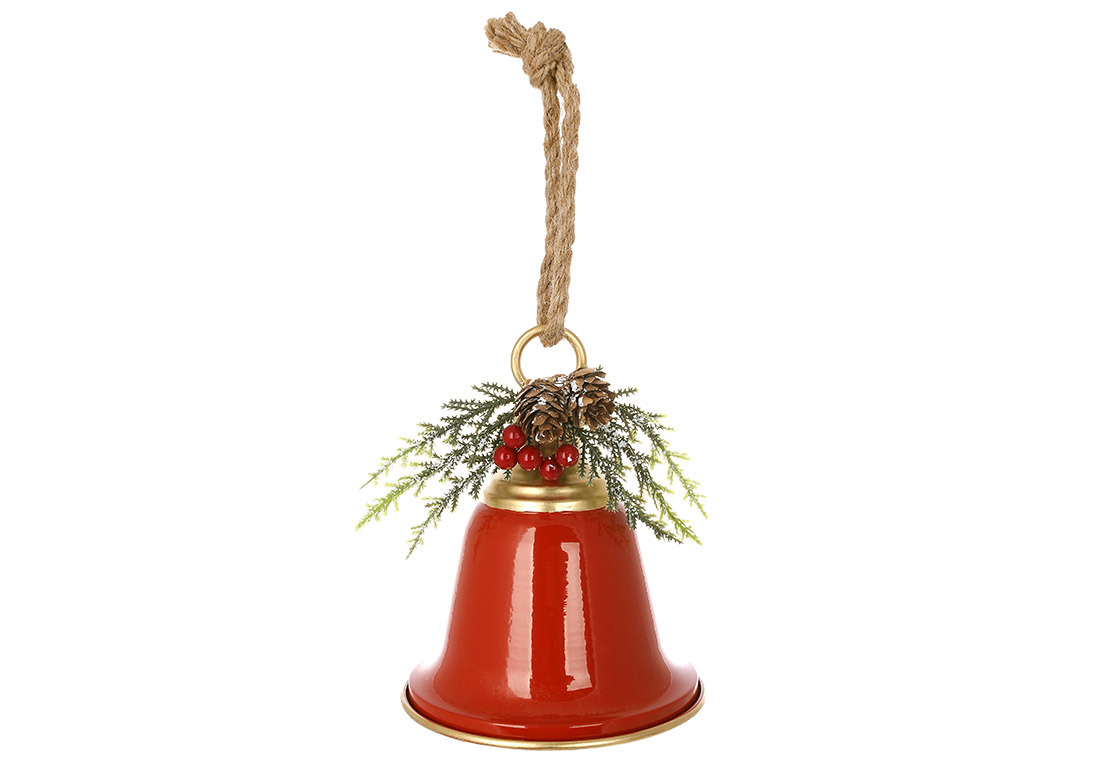Металева підвіска Christmas bell з декором з хвої D15*18см, колір - червоний
