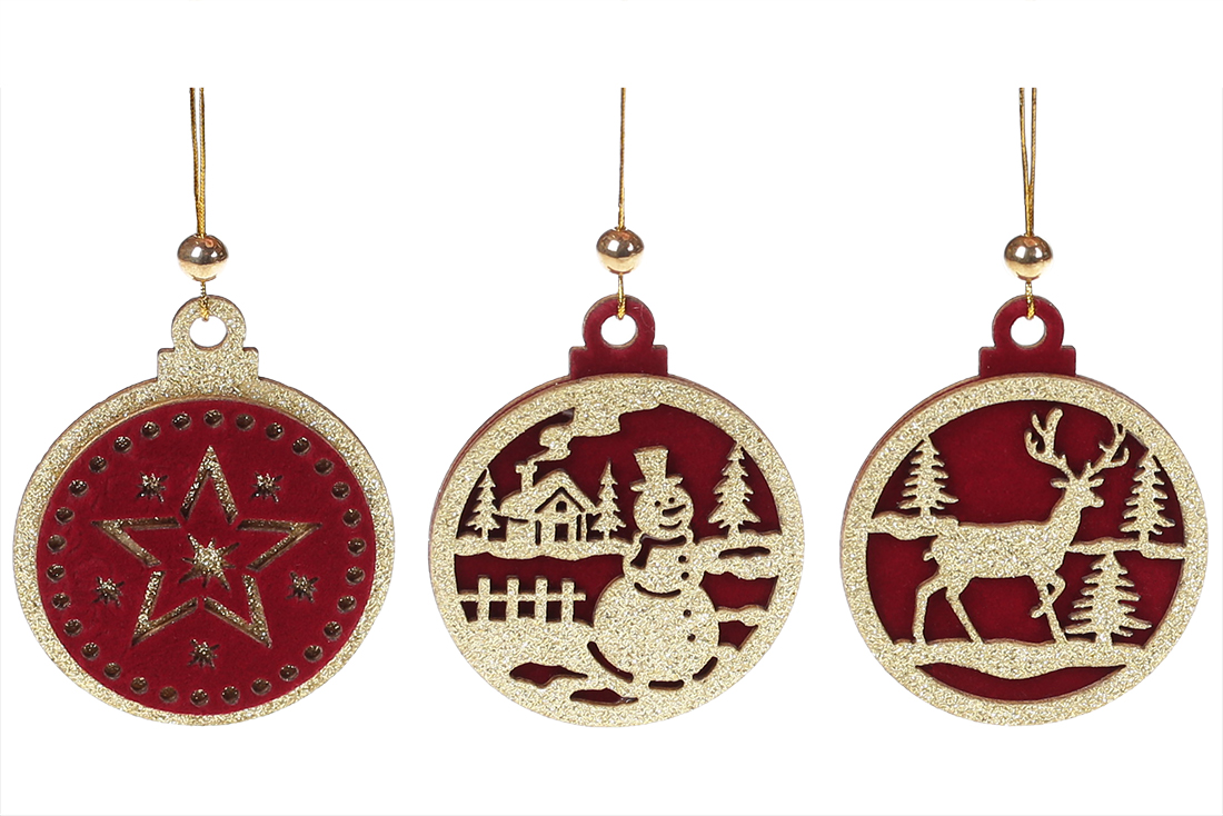 Новорічний підвісний декор з бордовим оксамитом, 7,3 см, 3 дизайни