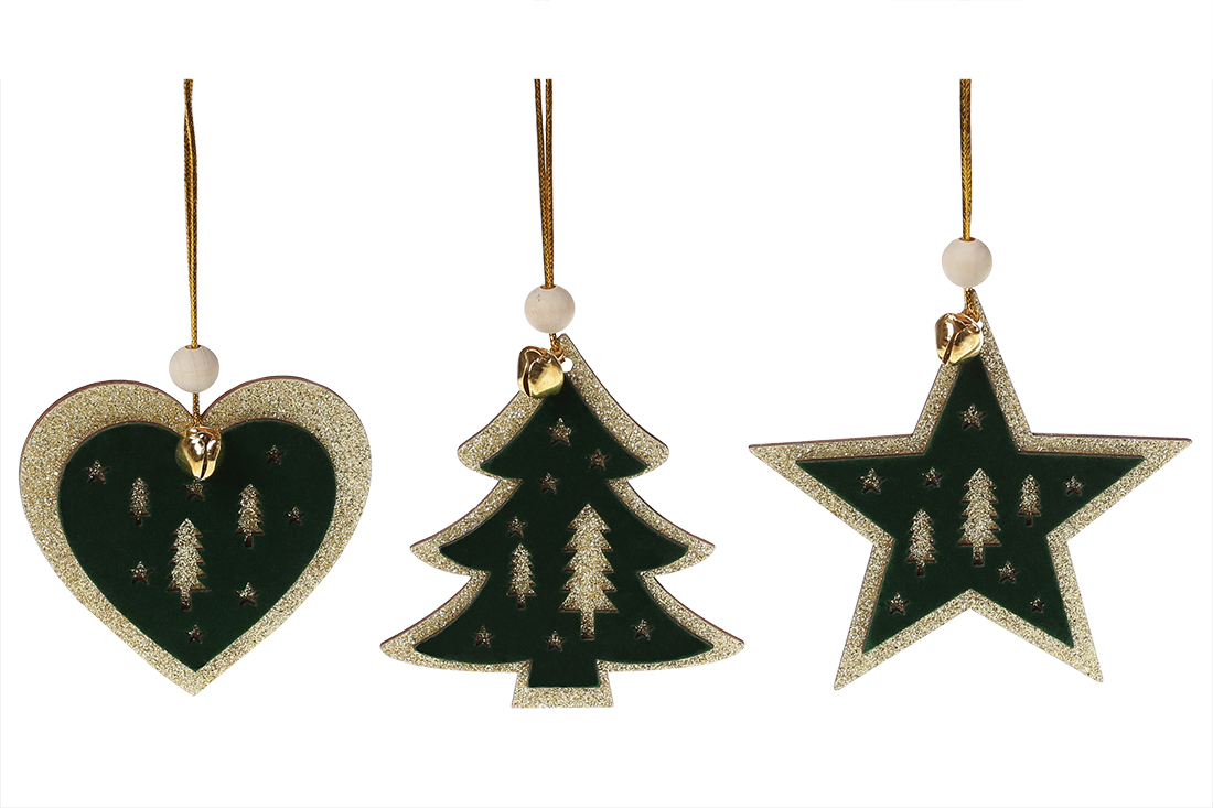Новорічний підвісний декор з темно-зеленим оксамитом, 9см, 3 дизайни