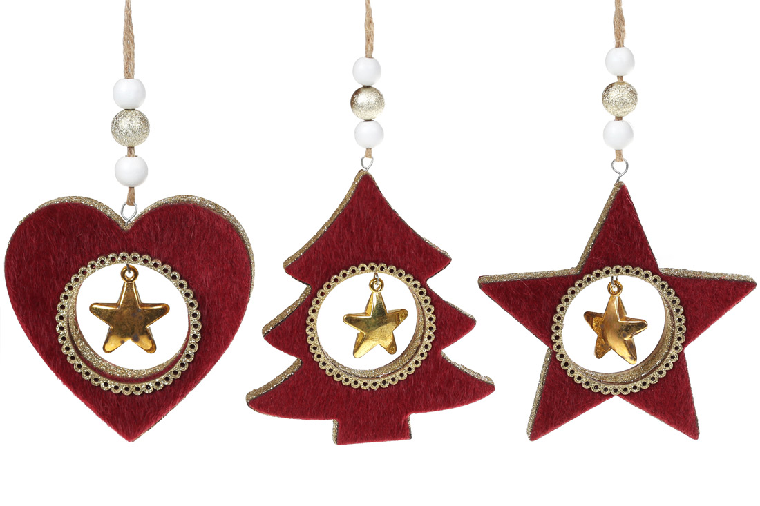 Новорічний підвісний декор з бордовим оксамитом, 11см, 3 дизайни