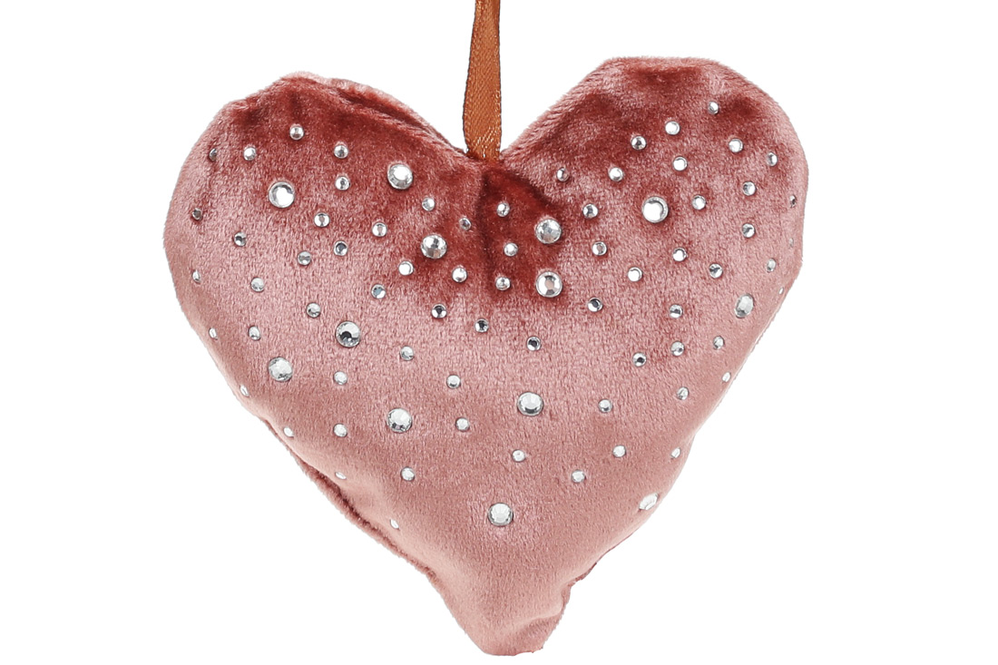Підвісний оксамитовий декор зі стразами Серце, 13см, колір - карміново-рожевий
