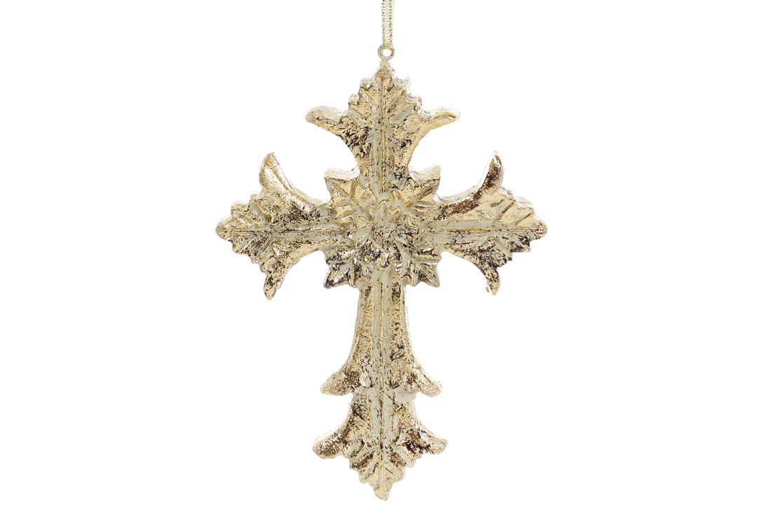 Прикраса на ялинку Хрест, 15.3см, колір - золото з патиною