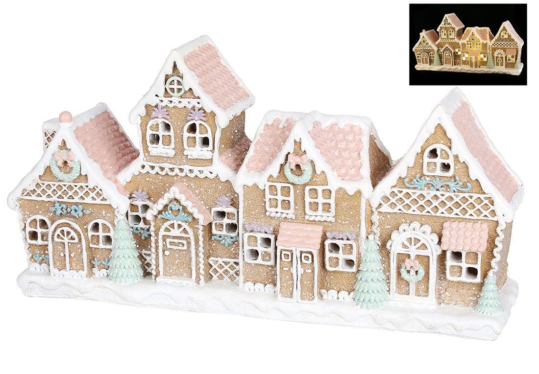 Декоративна статуетка з LED підсвічуванням Пряничні будиночки з гліттером, 24.7*6.4*12.7см, колір - імбирний з рожевим