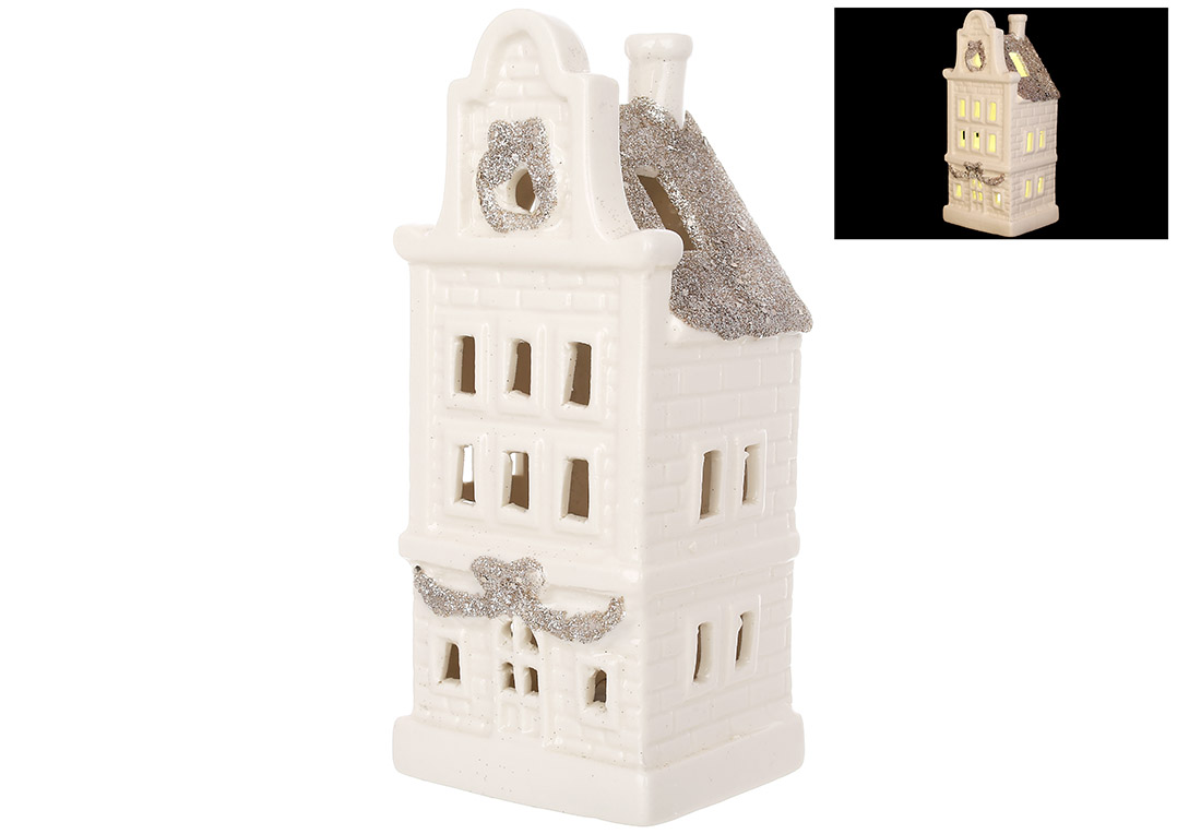 Керамічний Дім з LED підсвічуванням, 6.8*5.7*15.7см, колір - білий з гліттером шампань