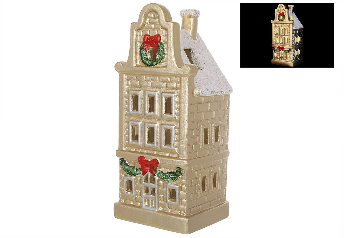 Керамічний Дім з LED підсвічуванням і білою присипкою, 9.3*8.3*22см, колір - золото матове