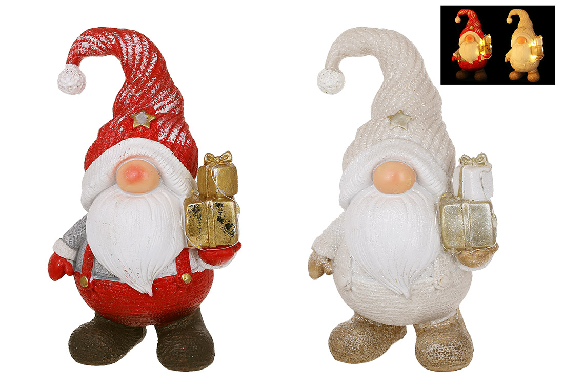 Декоративна фігура з LED підсвічуванням Гном з подарунками в гліттері 23.5см, 2 дизайни, колір - червоний з бежевим