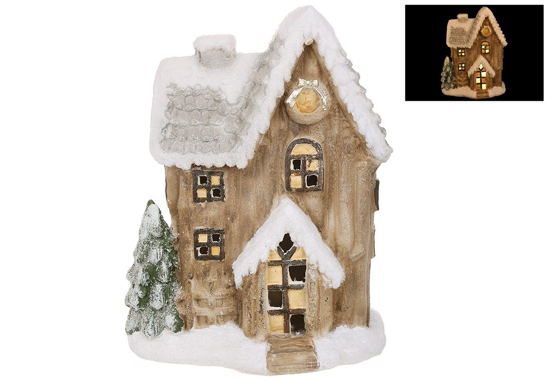Декоративна фігура з LED підсвічуванням Будинок з білим снігом, 34.5*19.5*45см, колір - коричневий зі сріблом