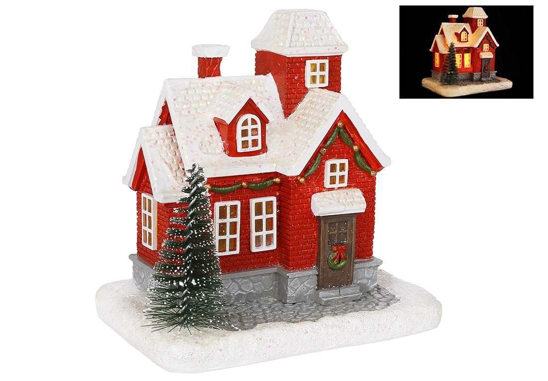 Новорічний декор Будиночок з LED підсвічуванням 11.5*8*11см, колір - червоний з глітером
