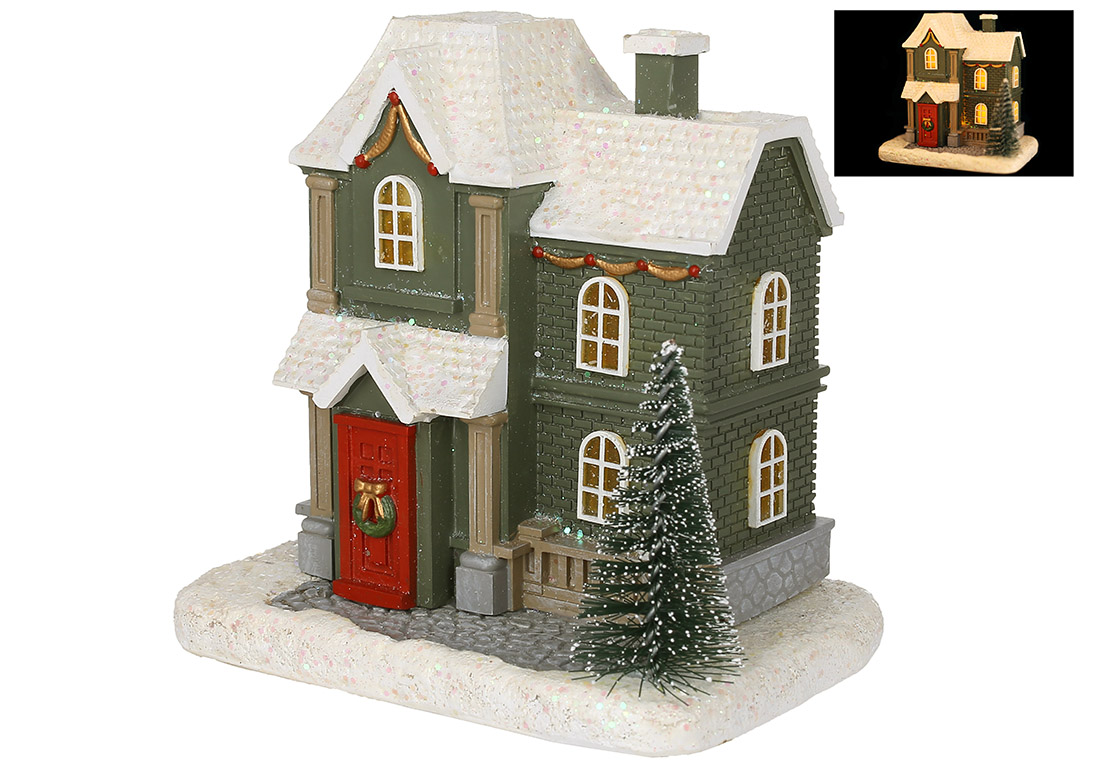 Новорічний декор Будиночок з LED підсвічуванням 11.5*8*11см, колір - зелений з глітером