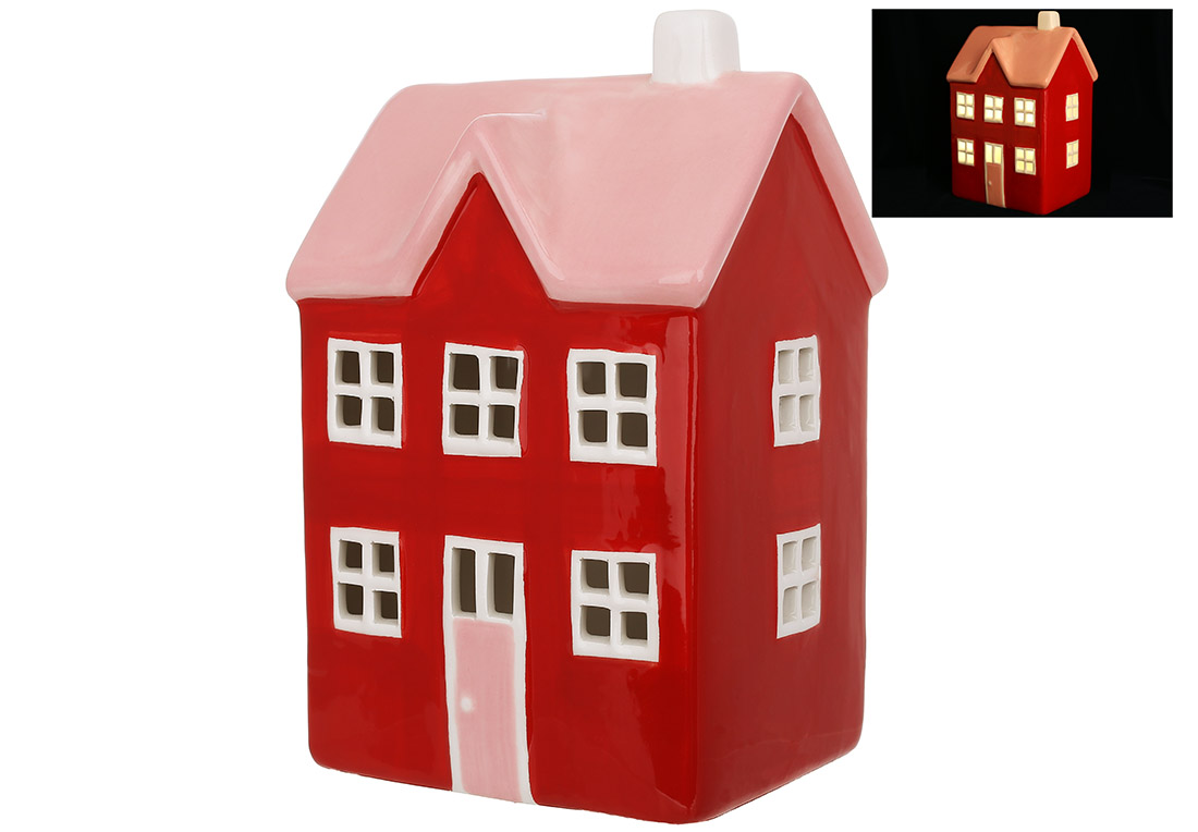 Керамічний будиночок з LED підсвічуванням, 10*8.3*16см, колір - червоний з рожевим
