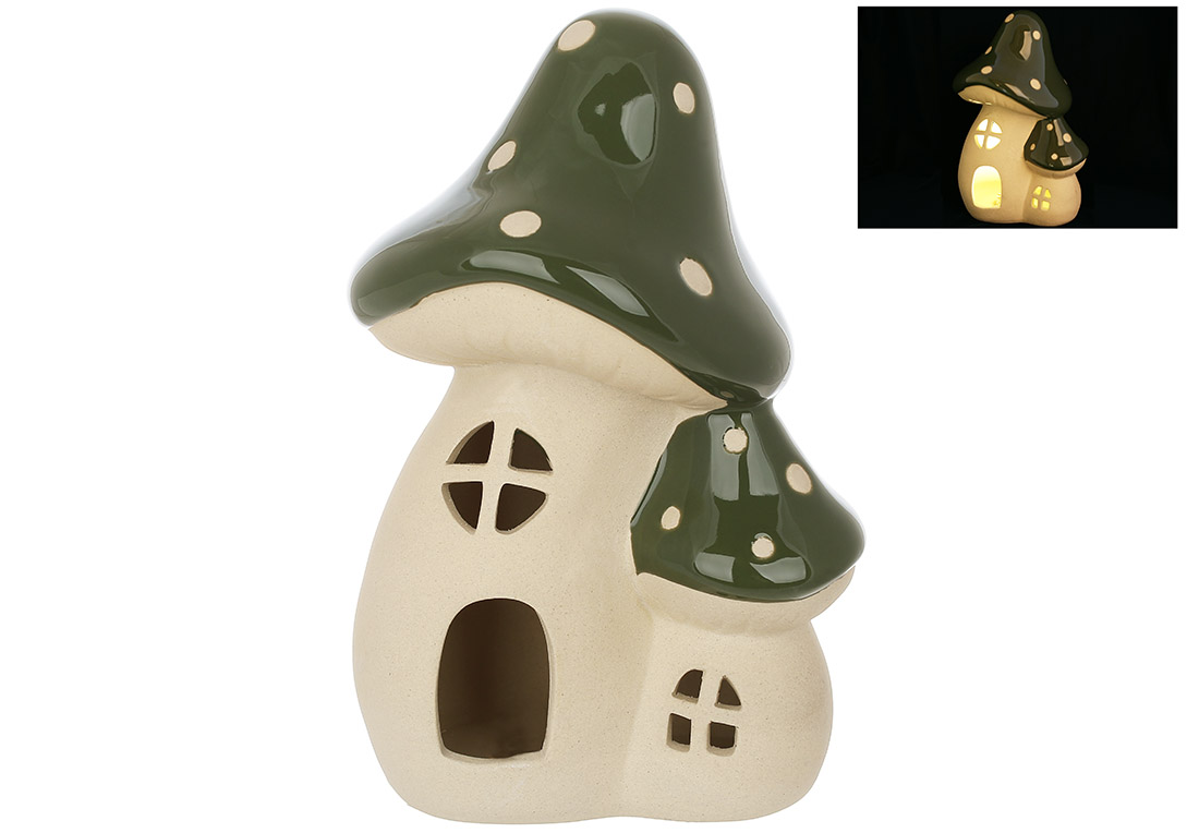Керамічний будиночок Гриб з LED підсвічуванням, 12.6*10*19.5см, колір - бежевий із зеленим