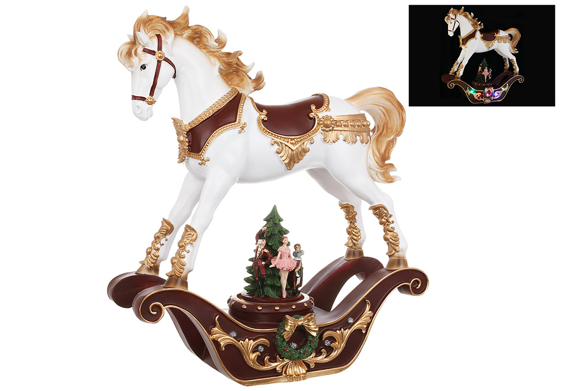 Декоративна фігура Конячка-гойдалка з LED підсвічуванням і музичною ялинкою яка обертається, на батарейках (3*AA), 37см