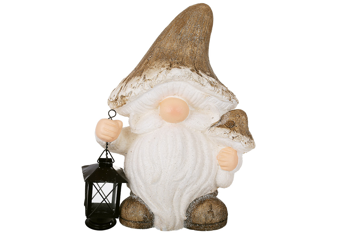 Декоративна фігура Гном з ліхтариком (свічка 40мм) 36см, колір - коричневий з білим, декор: цукрова присипка, гліттер
