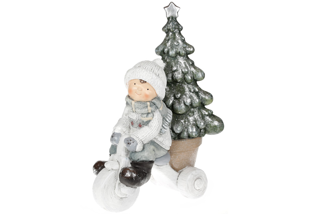 Новорічна фігура Хлопчик на велосипеді у сірому світлі 54см